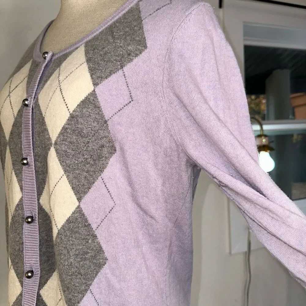 Talbots Womens Lambswool Angora Blend Purple Argyle Sweater Cardigan Cozy Chic‎